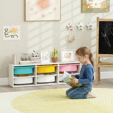 Spielzeugregal aus Holz für Kinder mit 6 herausnehmbaren Aufbewahrungsboxen aus Kunststoff, mehrfarbig (1/5)