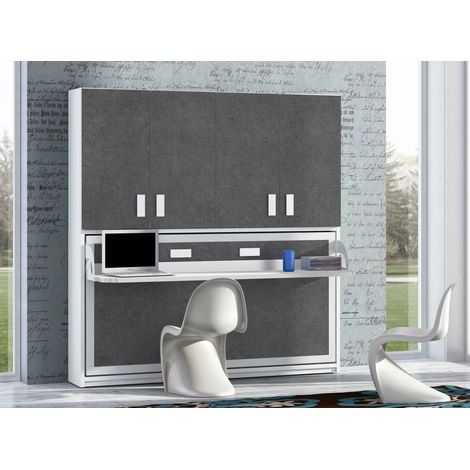Lit escamotable 140x190 P 53cm gris béton avec étagères et bureau Miko (1/5)