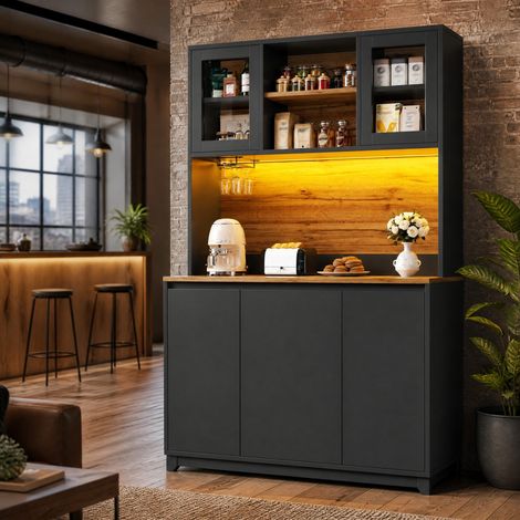 Credenza cucina 120x40x180 cm, con luci LED e ante in acrilico, vano rifiuti, MDF e metallo, nero (1/5)