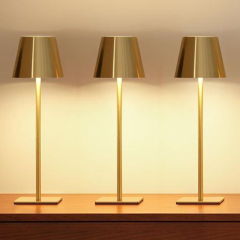 Lámpara de mesa inalámbrica de oro cepillado, recargable e impermeable, con 3 temperaturas de color y atenuación continua, portátil para oficina, comedor, cafetería y exteriores. (1/5)