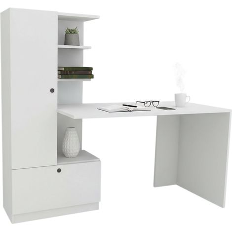 Dmora - Scrivania Astra, Scrittoio multiuso, Tavolo per ufficio porta PC, Piano di lavoro, 150x62h140 cm, Bianco, con imballo rinforzato, con imballo rinforzato
