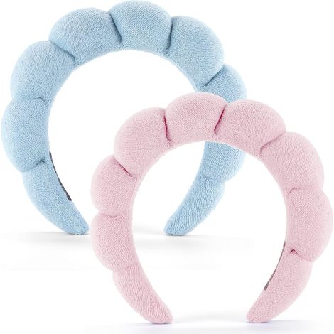 Fasce per capelli da spa per lavaggio viso, trattamenti viso, maschere e trattamenti per la pelle, set da 2, in spugna di cotone 100%, morbide, soffici e assorbenti, rosa e blu