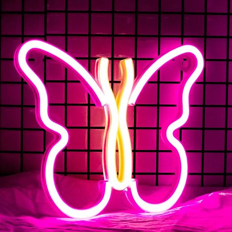 Enseigne lumineuse néon papillon rose, veilleuse LED USB à piles, décoration murale pour chambre, salle de jeux, bar ou fête. (1/5)