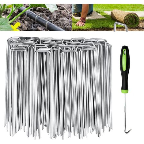 50 piquets de gazon en acier galvanisé de 15 cm, piquets antirouille, pour toile anti-mauvaises herbes, avec 1 crochet (1/5)