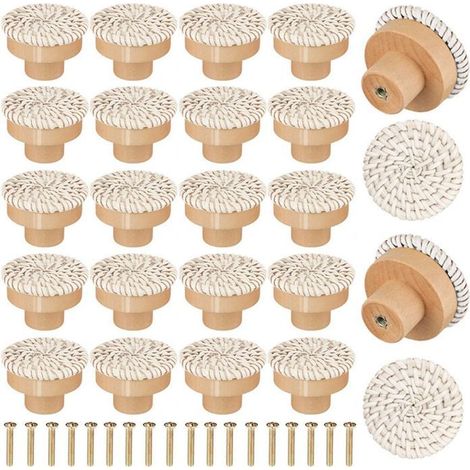 24 boutons d'armoire, boutons de meubles en rotin, poignées en bois pour armoires, poignées de tiroir, poignées de cuisine, poig (1/5)