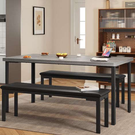 Ensemble Table à Manger avec 2 Bancs Rembourrés, 3 Pièces, Design Moderne Gain de Place, Structure Métal Noir, Gris (1/5)