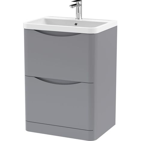 Nuie Lunar Satin Grey 600mm 2 Drawer Vanity Unit and Polymarble Basin - LUN201 (1/3)