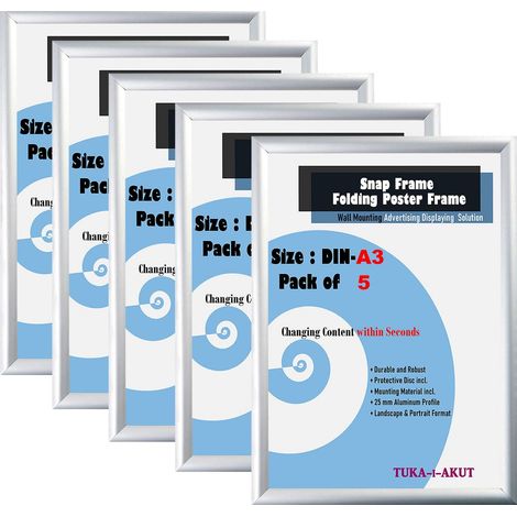 5x A3 Aluminium Clip Frame, Profilé Aluminium 25 mm Cadre pour Affiche Photo Poster, Cadre d'Affichage avec Vitre de Protection, Fixation Argent Couleur TKD8420-A3-5X (1/5)