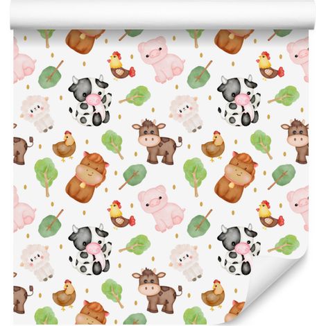 Papier peint animaux de la ferme blanc et vert citron pour salon et chambre 50x1000 (1/5)