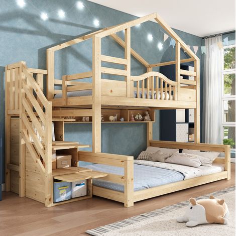Etagenbett 90/140x200 cm in Naturholz-Optik mit Treppenschrank und Regalen, Hausbett-Design (1/5)
