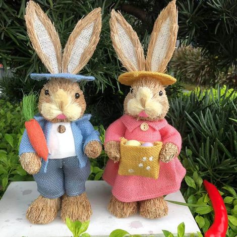 Statue Lapin De Pâques - En Paille Tissée À La Main - Hauteur 35 Cm - Décoration De Table Pour Intérieur Et Extérieur - Lot De 2 (1/5)