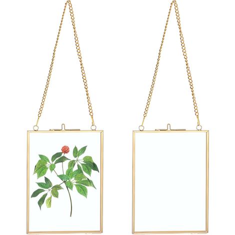 Lot de 2 cadres photo en verre à suspendre avec chaînes, cadre en verre pour fleurs pressées - Cadre en verre uniquement (doré, 13 x 18 cm, rectangle) (1/5)