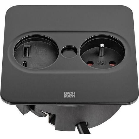 Bachmann TWIST 2 prise de table, 1x UTE, 1xUSB-A/-C Charger, noir mat, carrée, France (1/3)