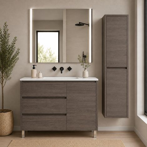 Bathroom cabinet with 3 drawers, door and basin ORIGENBATH VOLUM without mirror 80x45 cm smoked oak with column (1/5)