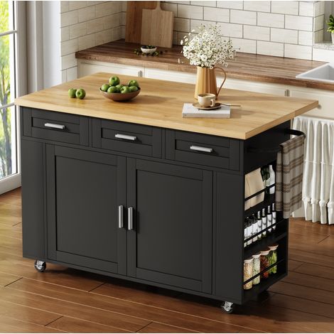 MEUBLIV Îlot de cuisine mobile 120x45(70)x84 cm noir et décor bois – plateau rabattable (1/5)