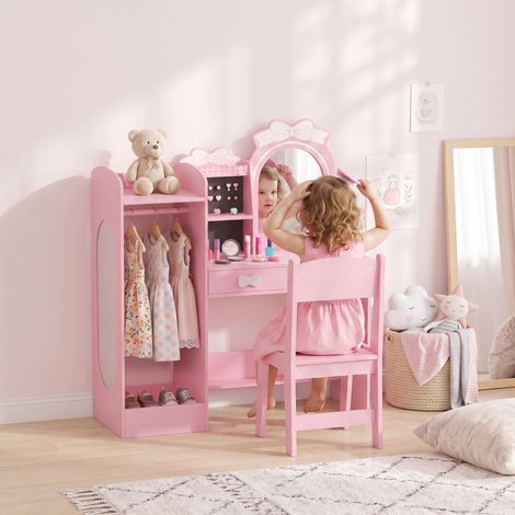 Coiffeuse Enfants Tabouret Miroir Penderie, Tiroirs, Maquillage, Rose, Jeu (1/5)