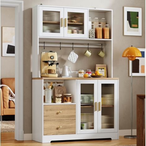 Hochschrank 110x40x178 cm, 4 Glastüren, RGB LED, Steckdosenleiste mit USB, MDF, Natur und Weiß (1/5)