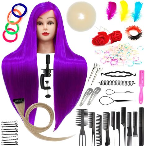 Set de cabeza de entrenamiento Ilsa 80 Purple, cabello sintético + 80 accesorios + soporte, equipo de peluquería para peinar, cabeza de entrenamiento (1/5)