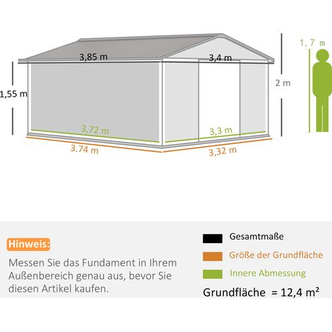 Abri de jardin 12,4 m² en acier galvanisé, cabane à toit monopente avec porte coulissante et fondations, dimensions 340 x 386 x 200 cm, remise étanche couleur gris charbon (1/4)
