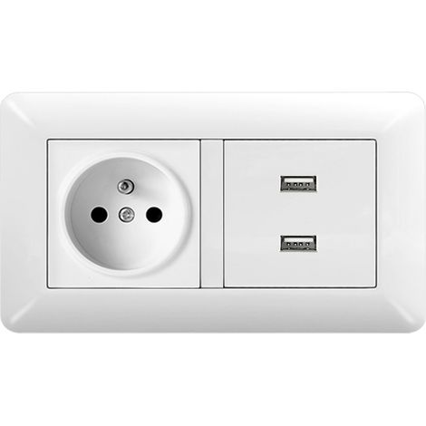 Prise Murale Française Type E 16A 220-250V avec Double USB, Type 146 Encastrée, Plaque en Verre Blanc
