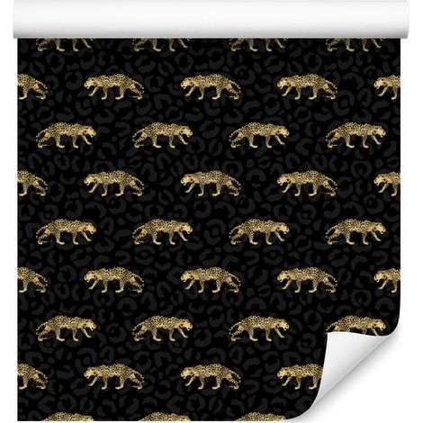 Papel pintado con estampado tropical en negro y dorado, centro negro ocre, 50 x 1000 cm. (1/5)