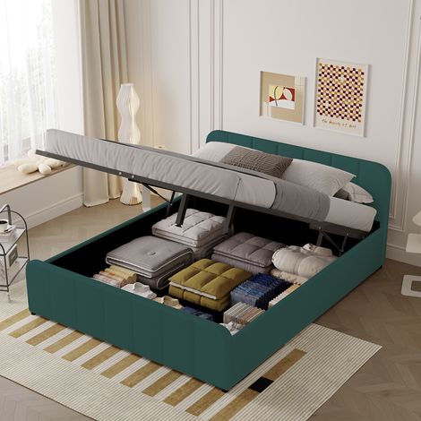 Lit avec coffre de rangement 160x200cm en velours vert TAMPA (1/5)