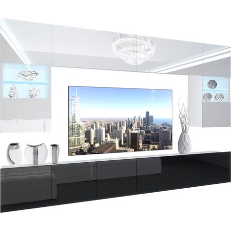 BELINI - Unité Murale TV NEX I Ensemble Muebles de Salon Complet I Ensemble Meuble TV avec Illumination LED I Dimensions: 300 x 180 x 36 cm I Coleur: Blanc très Brillant/Noir très Brillant