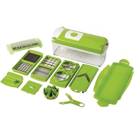 Coupe-légumes multifonctionnel avec différentes lames pour différents types de découpe, livré avec un étui de rangement.
