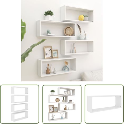 The Living Store Étagères murales cube 4 pcs Blanc 60x15x23 cm Bois d’ingénierie - Etagere Murale - Rangement Mural - Etageres Blanches - Meuble Deco - Decoration Murale (1/5)