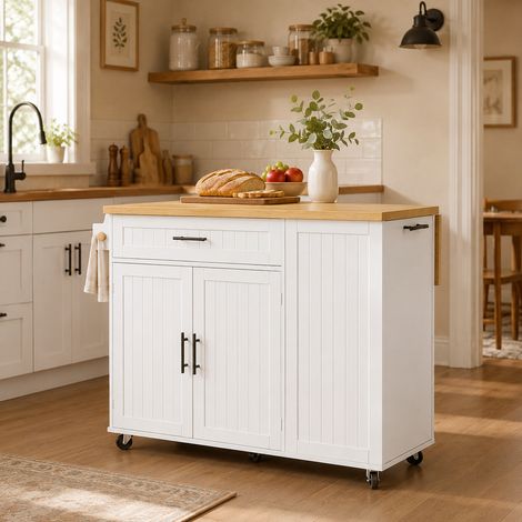 Îlot central de cuisine mobile 130x70x93cm avec plan rabattable, placard poubelle,rangements et roulettes freinées,MDF-blanc (1/5)