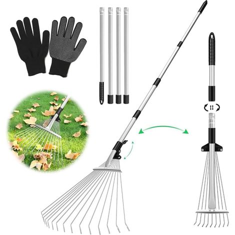 Balai à Feuilles de Jardin,Râteau Jardin avec 207cm Poignée Réglable et Gants,Râteau Ramasse Main pour Le Nettoyage des Plantes, pelouses Cours - (1/5)