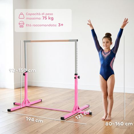 Hauteur réglable (92-150 cm), en acier et bois de hêtre robuste, barre horizontale pour la danse, équipement de gym avec surface antidérapante, convient aux enfants à partir de 3 ans, rose.