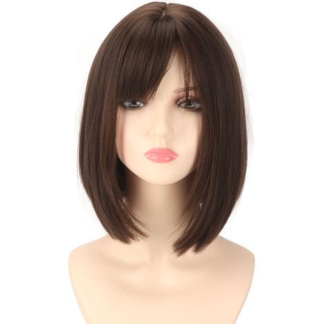 Perruque bob brunette ajustable pour femme, frange courte et look naturel