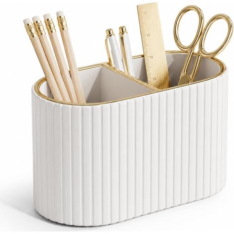 Organiseur de stylos, porte-crayons ovale, porte-crayons à 2 poches, porte-crayons en cuir PU pour le bureau et la maison (blanc ivoire) (1/5)