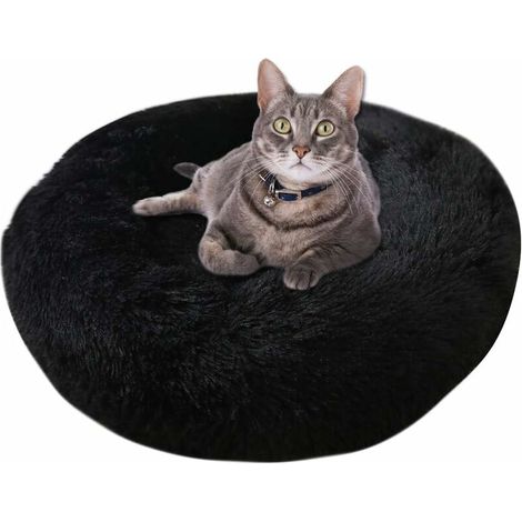 Round Plush Cat Basket for Animal Cats and Small Dogs Cat Bed Cushion Donut Dog Bed Fits Nest Sofa XH062 (Diameter: 70, Black) (1/5)