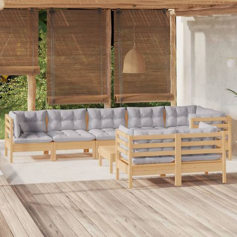 9 pcs Salon de jardin Salon d'extérieur Ensemble Meuble de Jardin Mobilier d'Extérieur avec coussins gris Bois de pin massif XFNRX904168 (1/5)