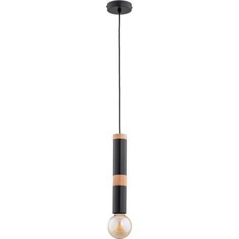 Alfa AKORD Industrial Black Tube Pendant Light with Wood Accent, 1x E27 Socket, Max 15W, IP20 Indoor Ceiling Hanging Lamp, H 85 cm, 10 cm, Loft Style
