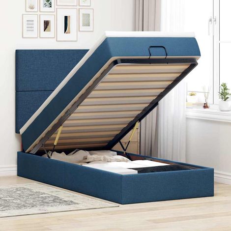 Cadre de lit ottoman avec matelas bleu 90x190 cm tissu (1/5)