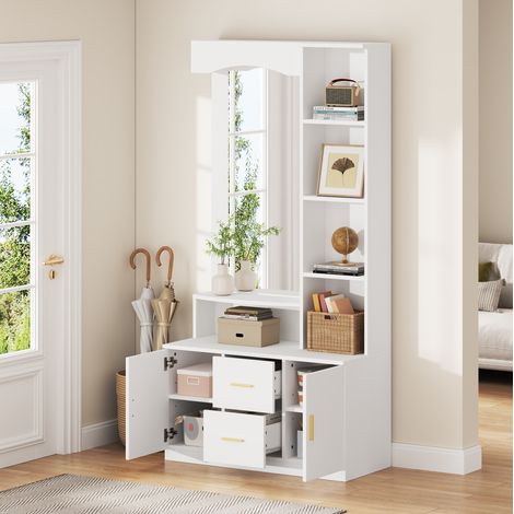 Mueble de recibidor 90x40x180 cm blanco en MDF con espejo, 2 cajones, 2 armarios y estantes (1/5)