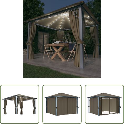 vidaXL Rideau extérieur - Tonnelle avec rideau et lumières LED 3x3 m Taupe Aluminium (1/5)