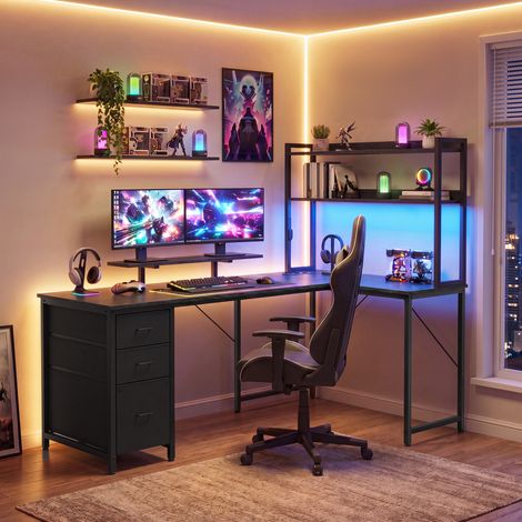 Bureau Gamer en L avec LED et Prises, 3 Tiroirs, Support Écran, 160 x 100 x 150 cm, Noir