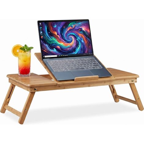 Relaxdays XL Bamboo Laptop Riser Stand, Ideal Ventilation, Height-Adjustable, 5 Angles, With Drawer, Natural (1/5)