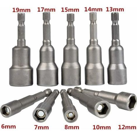 10 Pièces Douille Magnétique Visseuse: Embout Aimanté pour Visseuse à Choc 6-19mm 1, 4" Adaptateur Embouts Douilles Hexagonale (1/4)