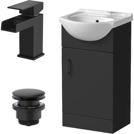 450mm Matt Black Bathroom Vanity Unit Freestanding Black Waterfall Tap & Waste (1/5)