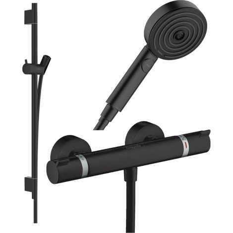 Pack mitigeur douche thermostatique HANSGROHE Ecostat Comfort + Barre Unica + flexible + Pommeau Pulsify Select 3 jets noir mat