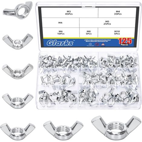 125pcs M3/M4/M5/M6/M8/M10 Kit d'assortiment d'écrous d'aile en zinc blanc, Écrous papillon en acier au carbone, Écrou de serrage à la main, Pièces de fixation d'ailes pour machines, Fabrication (1/5)