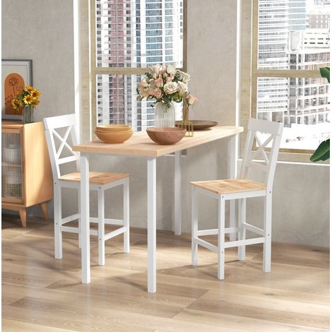 Set di 2 sgabelli da bar in legno di pino, schienale a croce, con poggiapiedi, naturale, OKMYHOME (1/5)