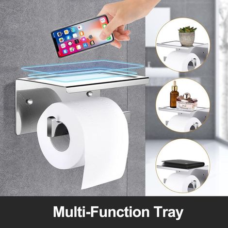 Toilet Paper Holder, Bathroom Toilet Roll, SUS304 Stainless Steel, Single-Roll Heavy Duty Bathroom Tissue Holder Rack, Wall Mounted, for Mobile Phone Placing Silver Square Rod (1/5)