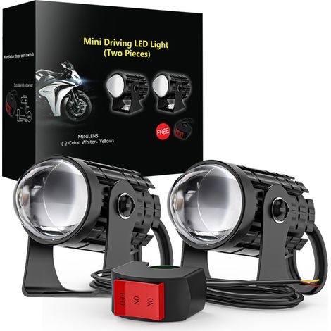 Phare LED Moto Petit Canon à Double Couleur Blanc/Jaune, 15W 12-80V, Intégré Loup/Proche, IP65 Étanche, 50000H, Compatible Voiture/Moto/Camion/Engin de Chantier (1/5)