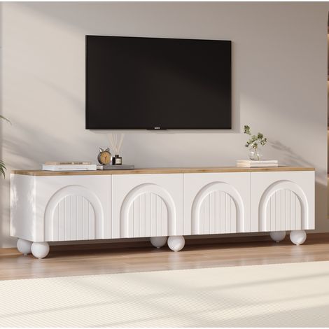 Meuble TV 180 cm avec 4 portes et 6 pieds en métal, blanc et chêne, pour appartement et hôtel (1/5)